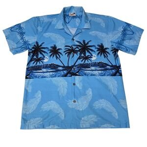 Vintage Paradise Style Hawaii Blue Palm Tree Moon Aloha Shirt Mens XL Cotton